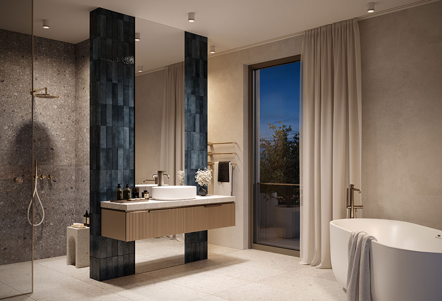 Modernes Badezimmer mit Großformatfliesen und hochwertiger Sanitärausstattung